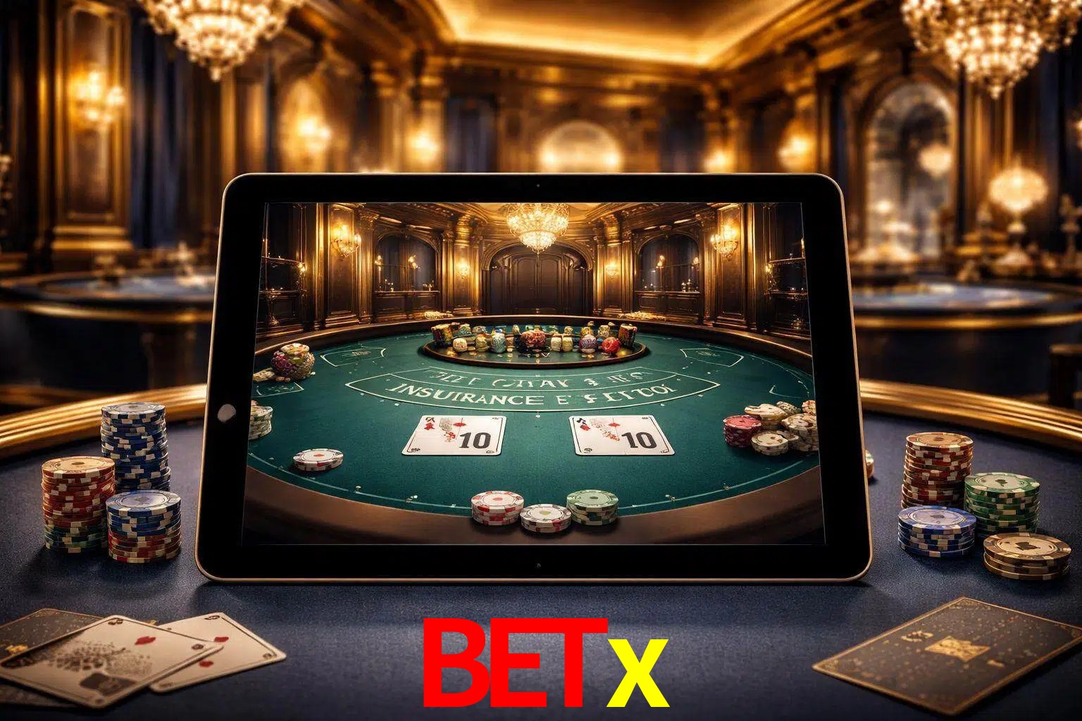 Configuración moderna de casino en vivo con una tableta mostrando una mesa de blackjack, luces cálidas de estudio y una atmósfera elegante de juegos digitales.