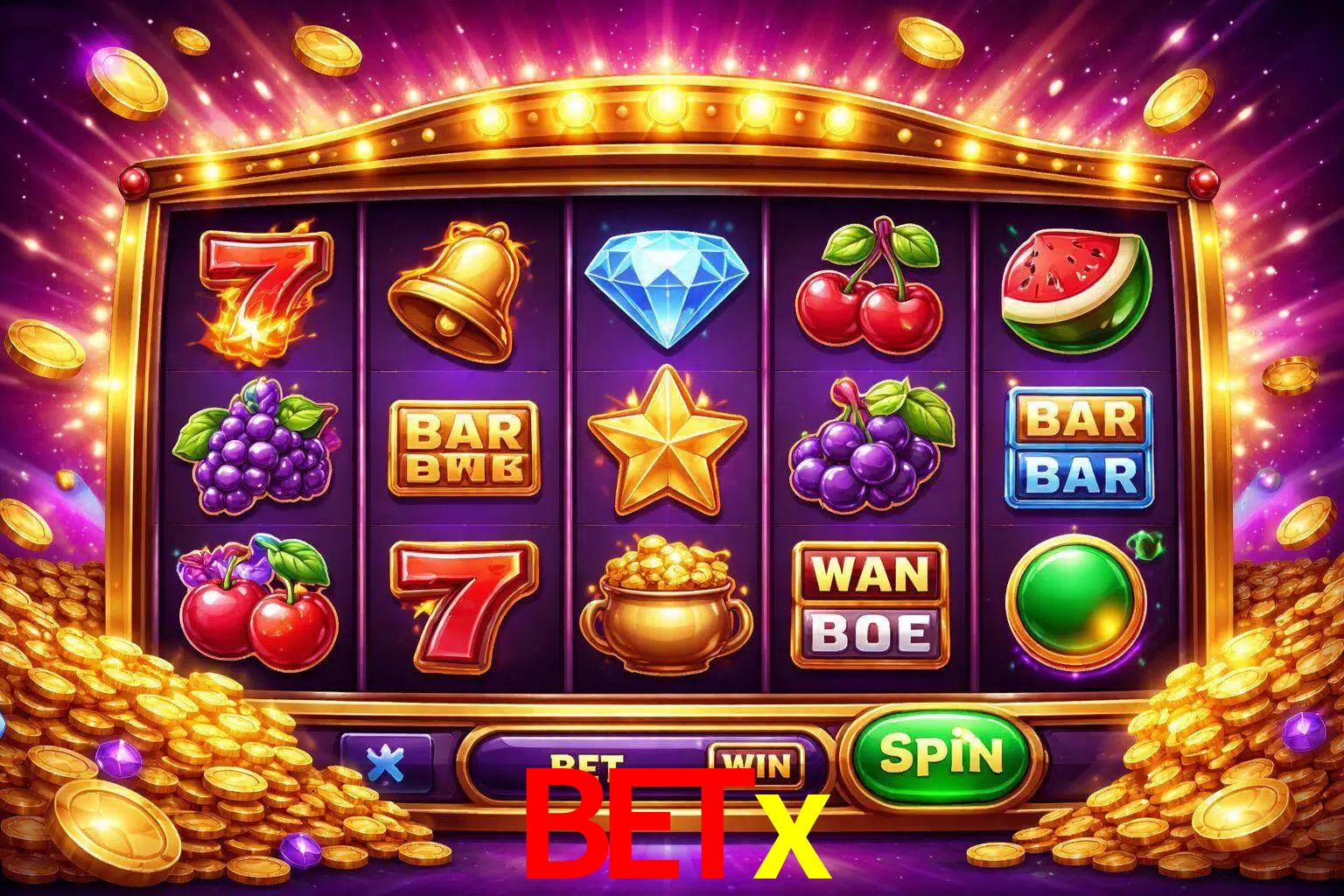 Una interfaz colorida de tragamonedas en línea con símbolos brillantes, monedas y un efecto de victoria celebratoria en Betx.