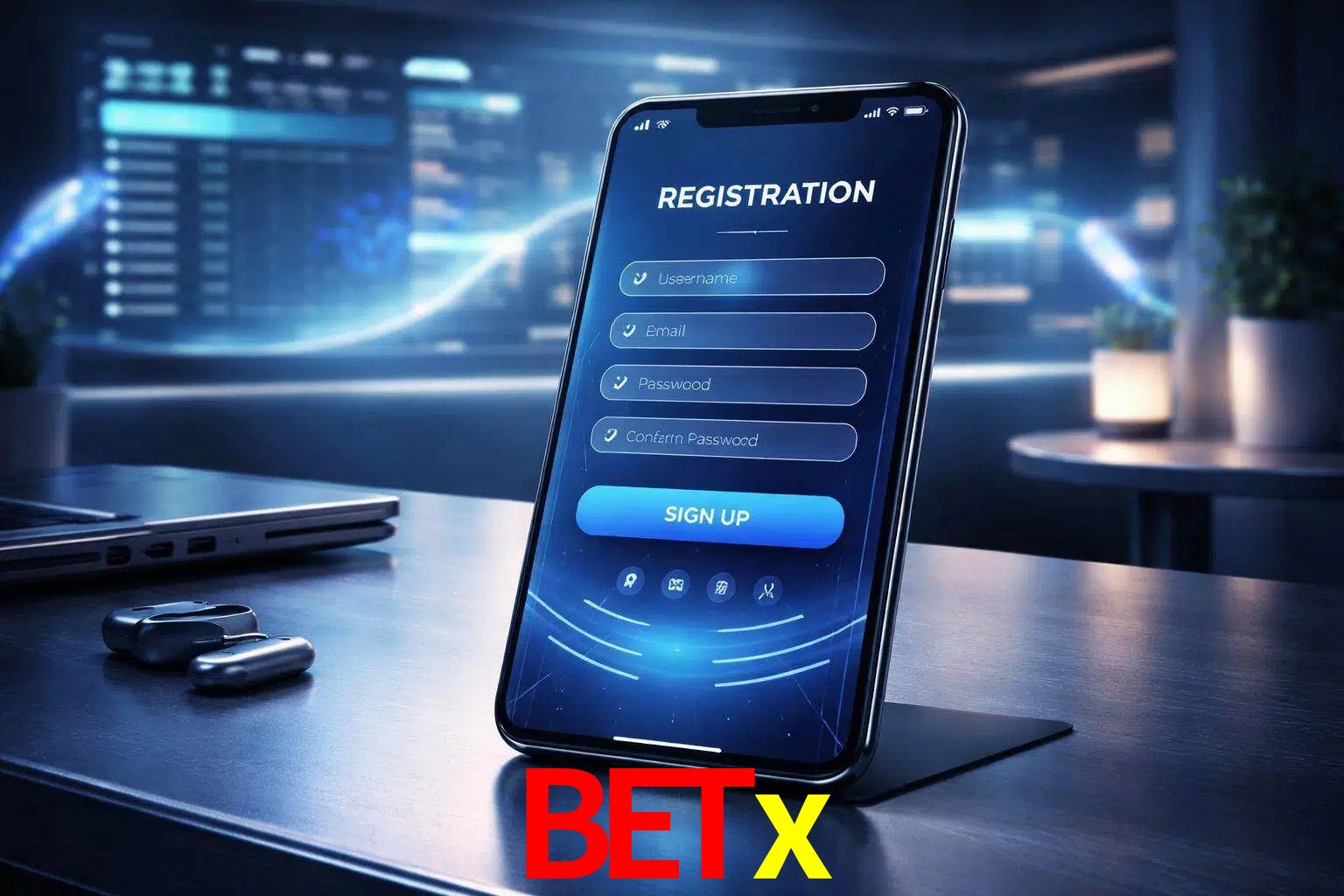 Una interfaz moderna de registro móvil para Betx mostrada en un smartphone con un panel de apuestas elegante.